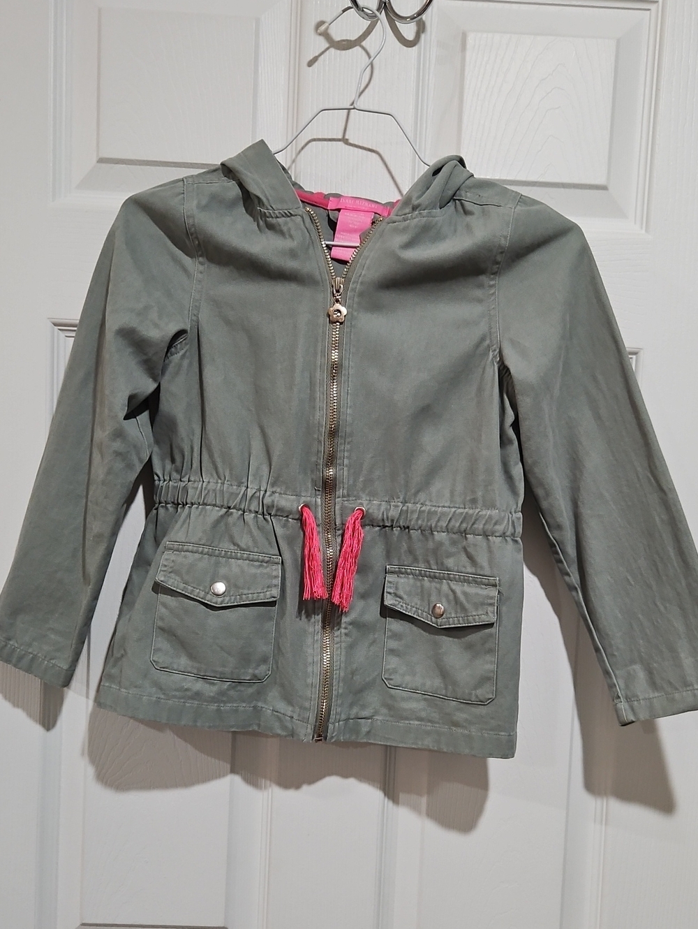 Girls' Hooded Anorak Jacket in Sage Green with Pink Trim